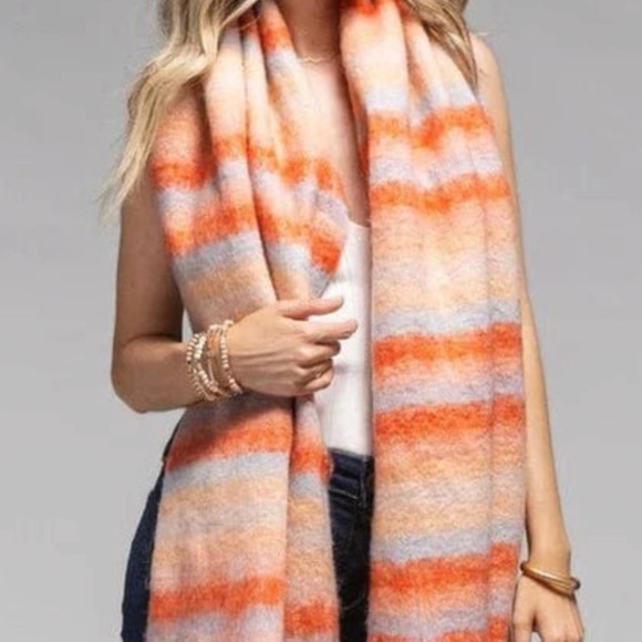 NWT Orange Rose Multi-Color Woven Scarf Soft Striped Polyester Fringe Wrap Cozy - Picture 4 of 5